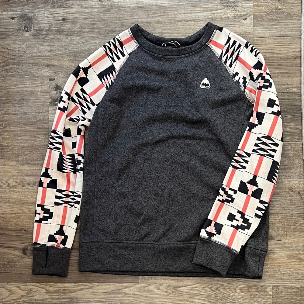 Burton Women’s Crewneck Sweater - Gray with Patterned Sleeves